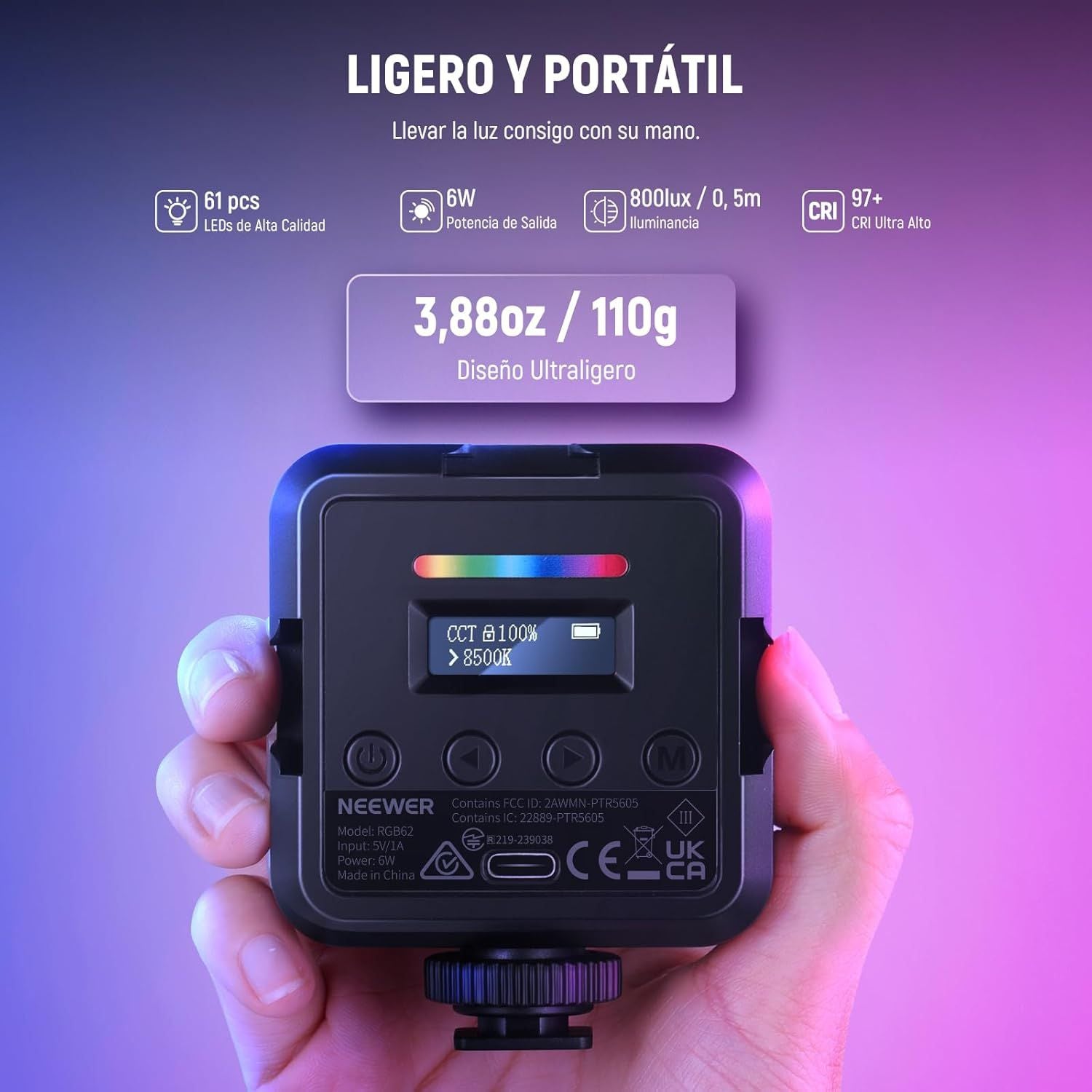 Luz de Video RGB Neewer RGB62 con Control por App